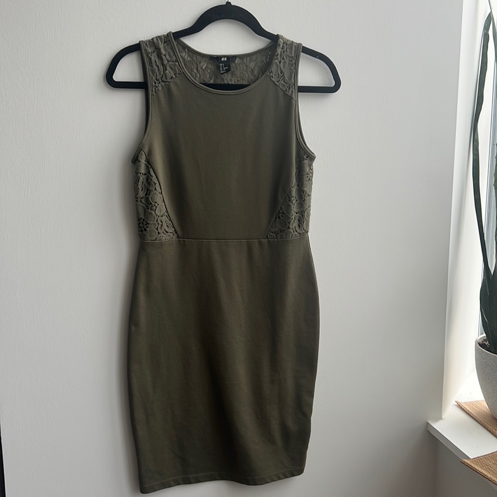 Olive Green H&M Size Small Dress - Form Fitting with lace detail
